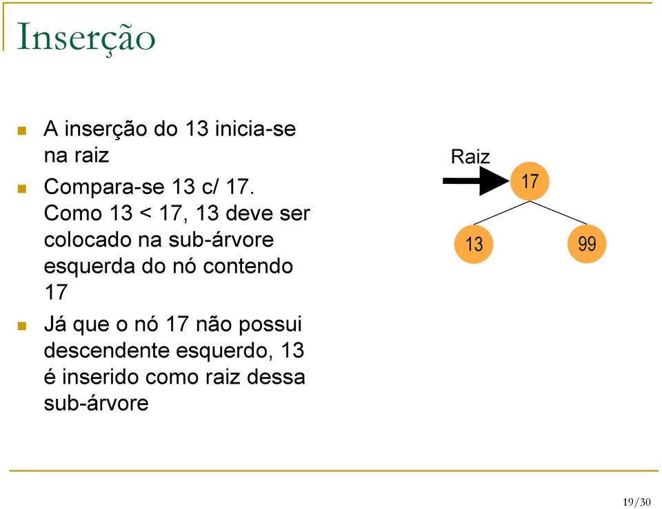 do nó contendo 17 Raiz 13 17 99 Já que o nó 17 não possui