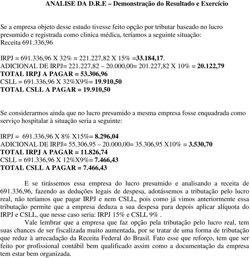 Receita 691.336,96 IRPJ = 691.336,96 X 32% = 221.227,82 X 15% =33.184,17. ADICIONAL DE IRPJ= 221.227,82 20.000,00= 201.227,82 X 10% = 20.122,79 TOTAL IRPJ A PAGAR = 53.306,96 CSLL = 691.