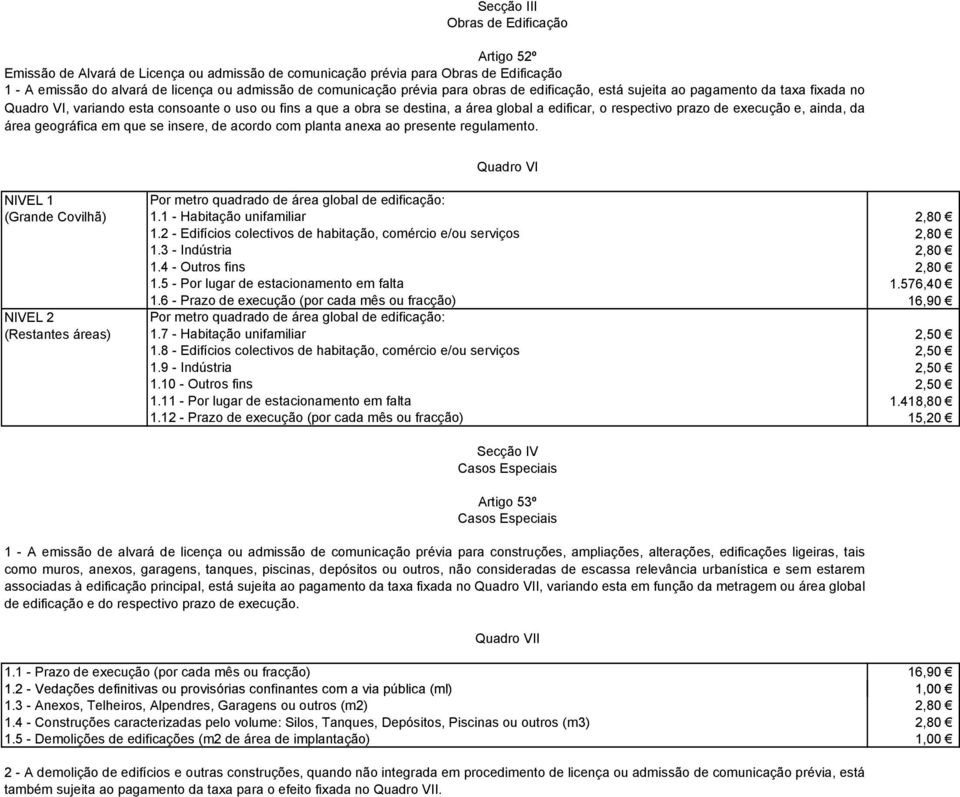 execução e, ainda, da área geográfica em que se insere, de acordo com planta anexa ao presente regulamento. Quadro VI NIVEL 1 Por metro quadrado de área global de edificação: (Grande Covilhã) 1.