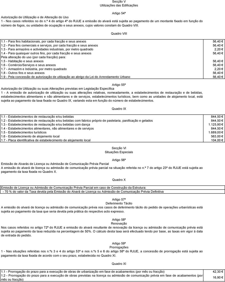 Quadro VIII 1.1 - Para fins habitacionais, por cada fracção e seus anexos 1.2 - Para fins comerciais e serviços, por cada fracção e seus anexos 1.