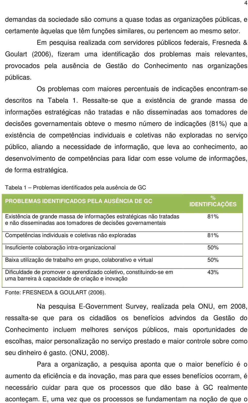 organizações públicas. Os problemas com maiores percentuais de indicações encontram-se descritos na Tabela 1.