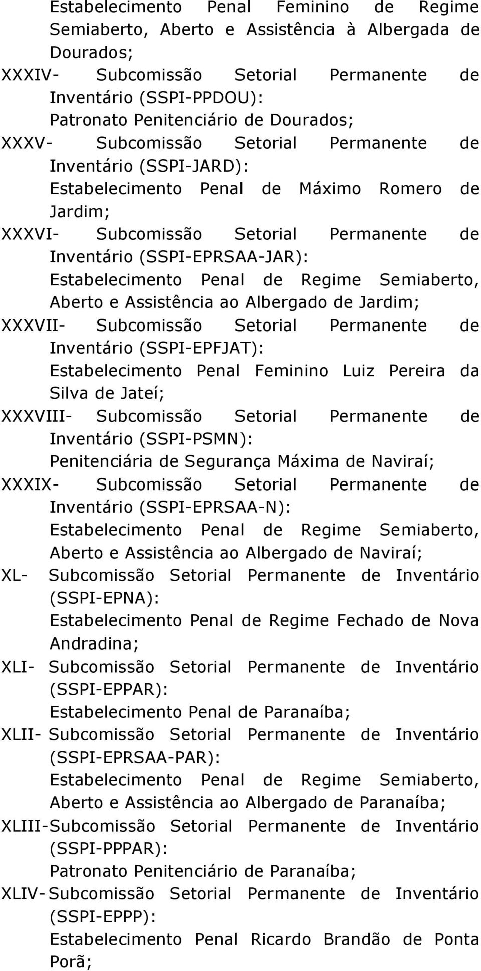 Inventário (SSPI-EPFJAT): Estabelecimento Penal Feminino Luiz Pereira da Silva de Jateí; XXXVIII- Subcomissão Setorial Permanente de Inventário (SSPI-PSMN): Penitenciária de Segurança Máxima de