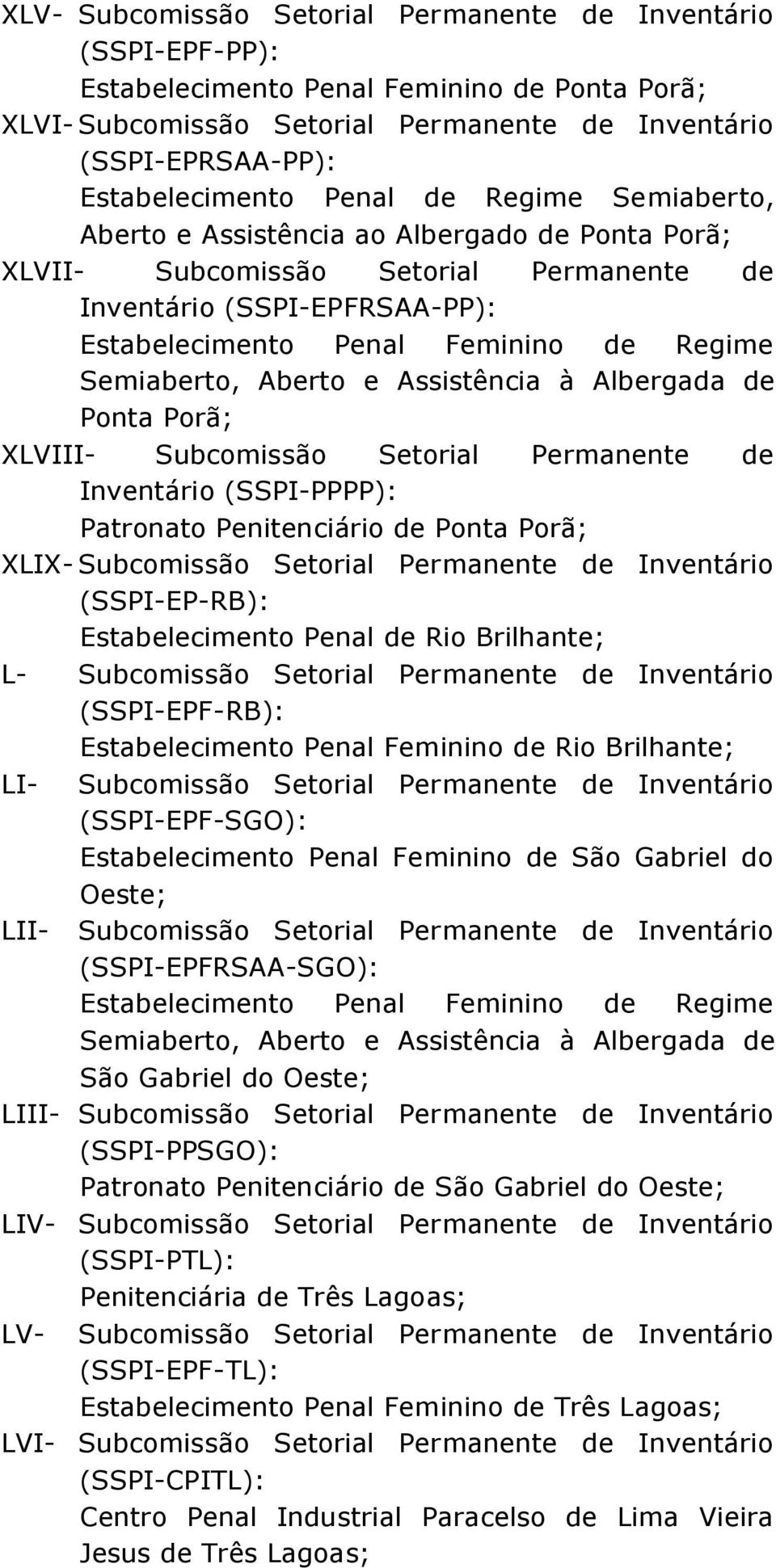 Patronato Penitenciário de Ponta Porã; XLIX- Subcomissão Setorial Permanente de Inventário (SSPI-EP-RB): Estabelecimento Penal de Rio Brilhante; L- Subcomissão Setorial Permanente de Inventário