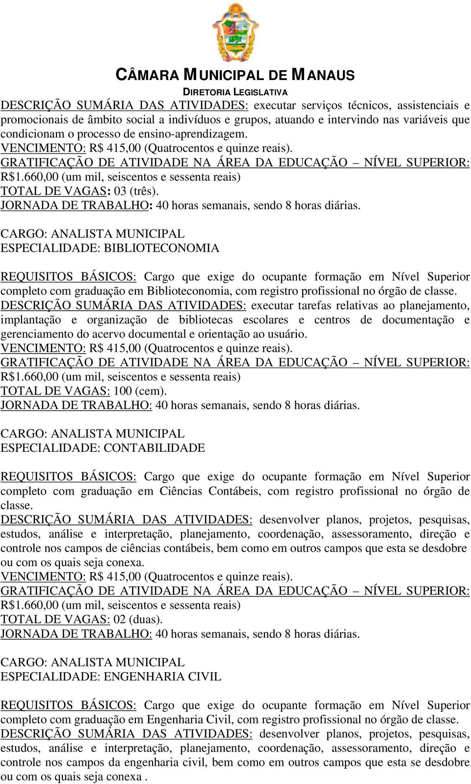 DESCRIÇÃO SUMÁRIA DAS ATIVIDADES: executar tarefas relativas ao planejamento, implantação e organização de bibliotecas escolares e centros de documentação e gerenciamento do acervo documental e