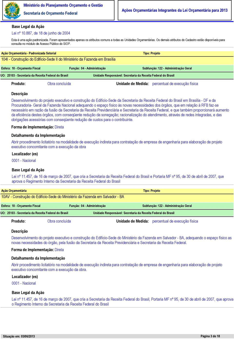 - Padronizada Setorial 104I - Construção do Edifício-Sede II do Ministério da Fazenda em Brasília Desenvolvimento do projeto executivo e construção do Edifício-Sede da Secretaria da Receita Federal