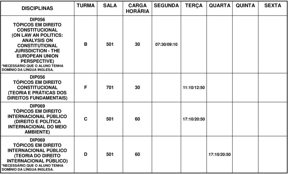 IP056 TÓPIOS EM IREITO ONSTITUIONL (TEORI E PRÁTIS OS IREITOS FUNMENTIS) IP069 TÓPIOS EM IREITO INTERNIONL PÚLIO (IREITO E POLÍTI INTERNIONL O