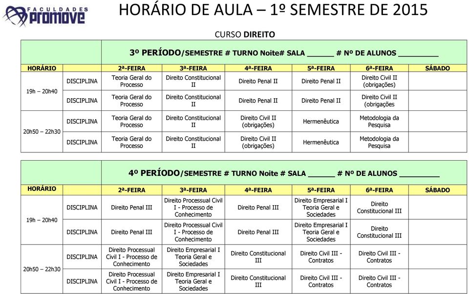 PERÍODO/SEMESTRE # TURNO Noite # SALA # Nº DE ALUNOS Processual Civil - de Processual Civil - de Empresarial Empresarial