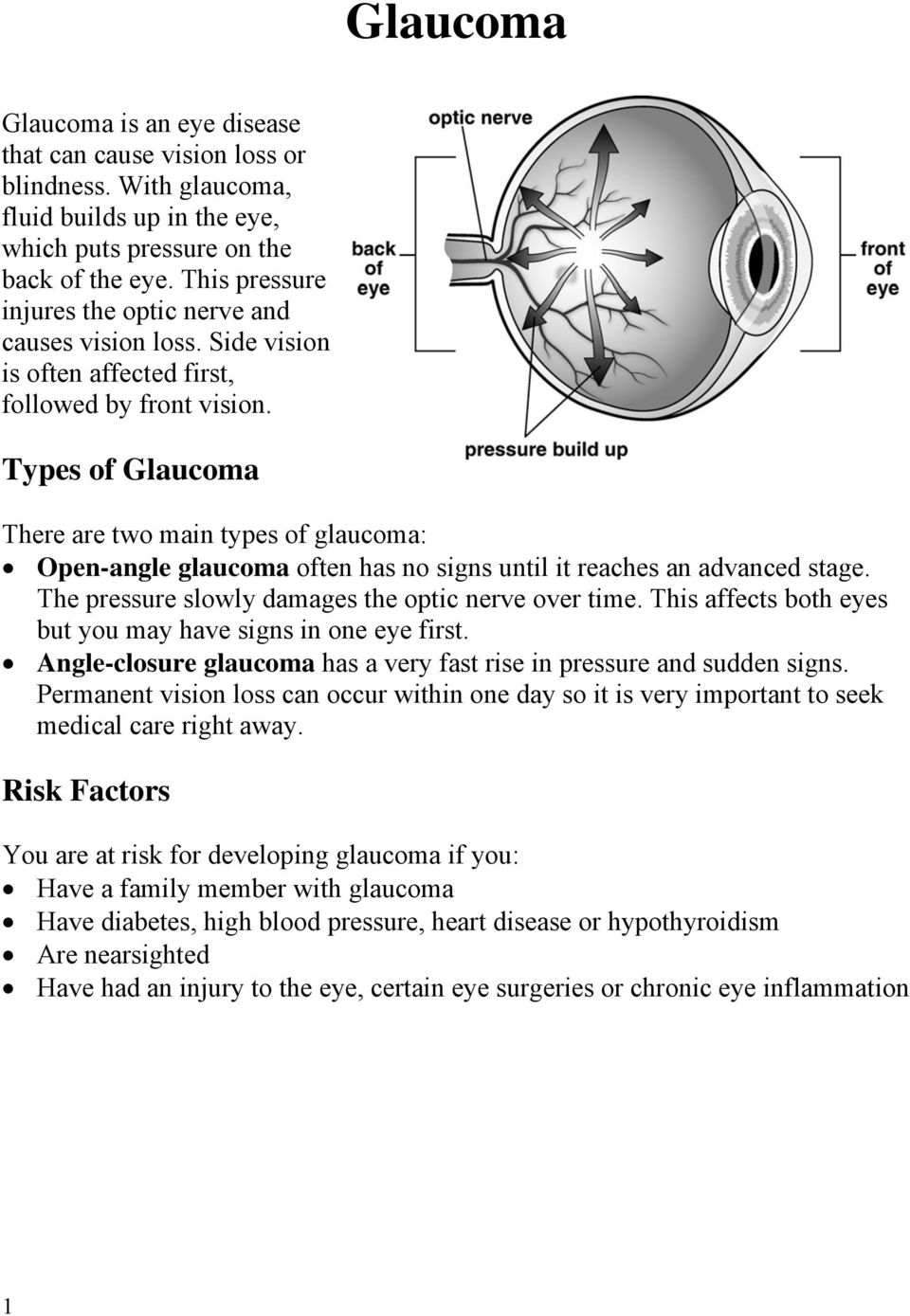 Types of Glaucoma There are two main types of glaucoma: Open-angle glaucoma often has no signs until it reaches an advanced stage. The pressure slowly damages the optic nerve over time.