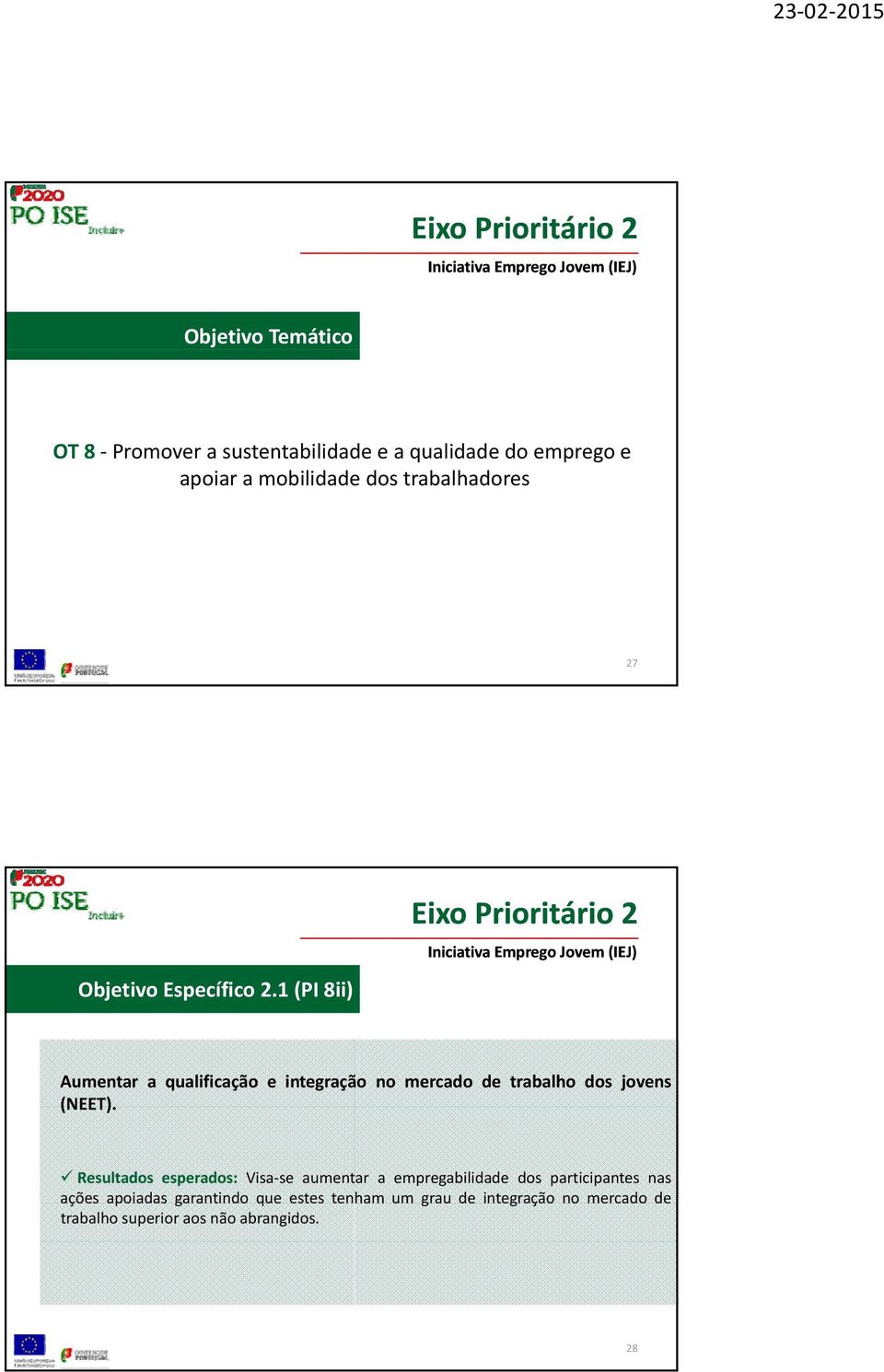 1 (PI 8ii) Iniciativa Emprego Jovem (IEJ) Aumentar a qualificação e integração no mercado de trabalho dos jovens (NEET).