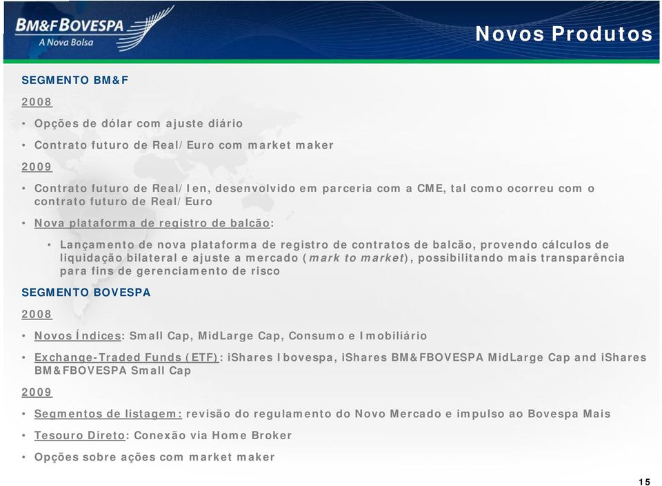 a mercado (mark to market), possibilitando mais transparência para fins de gerenciamento de risco SEGMENTO BOVESPA 2008 Novos Índices: Small Cap, MidLarge Cap, Consumo e Imobiliário Exchange-Traded