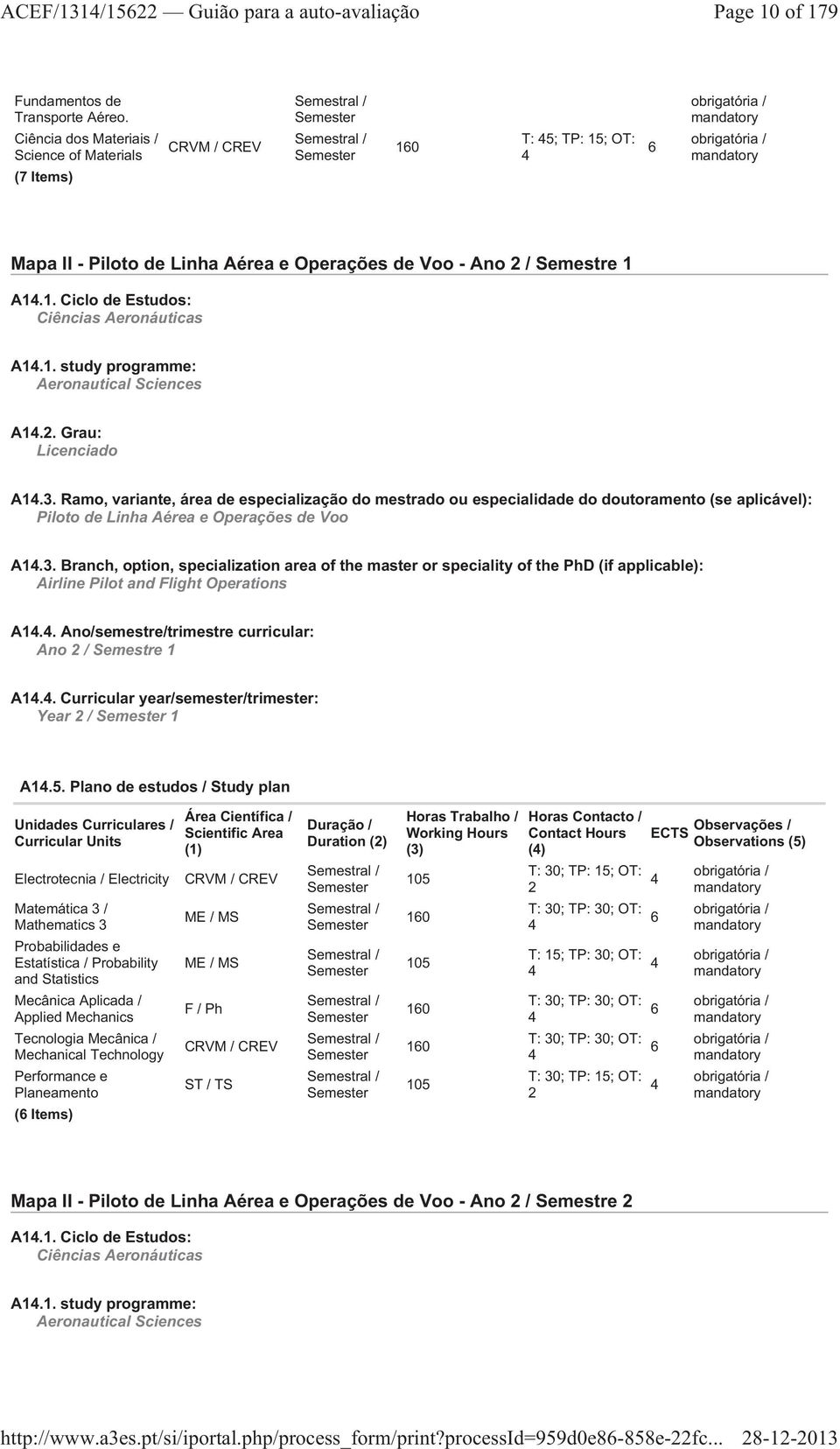 Piloto de Linha Aérea e Operações de Voo - Ano 2 / Semestre 1 A14.1. Ciclo de Estudos: Ciências Aeronáuticas A14.1. study programme: Aeronautical Sciences A14.2. Grau: Licenciado A14.3.