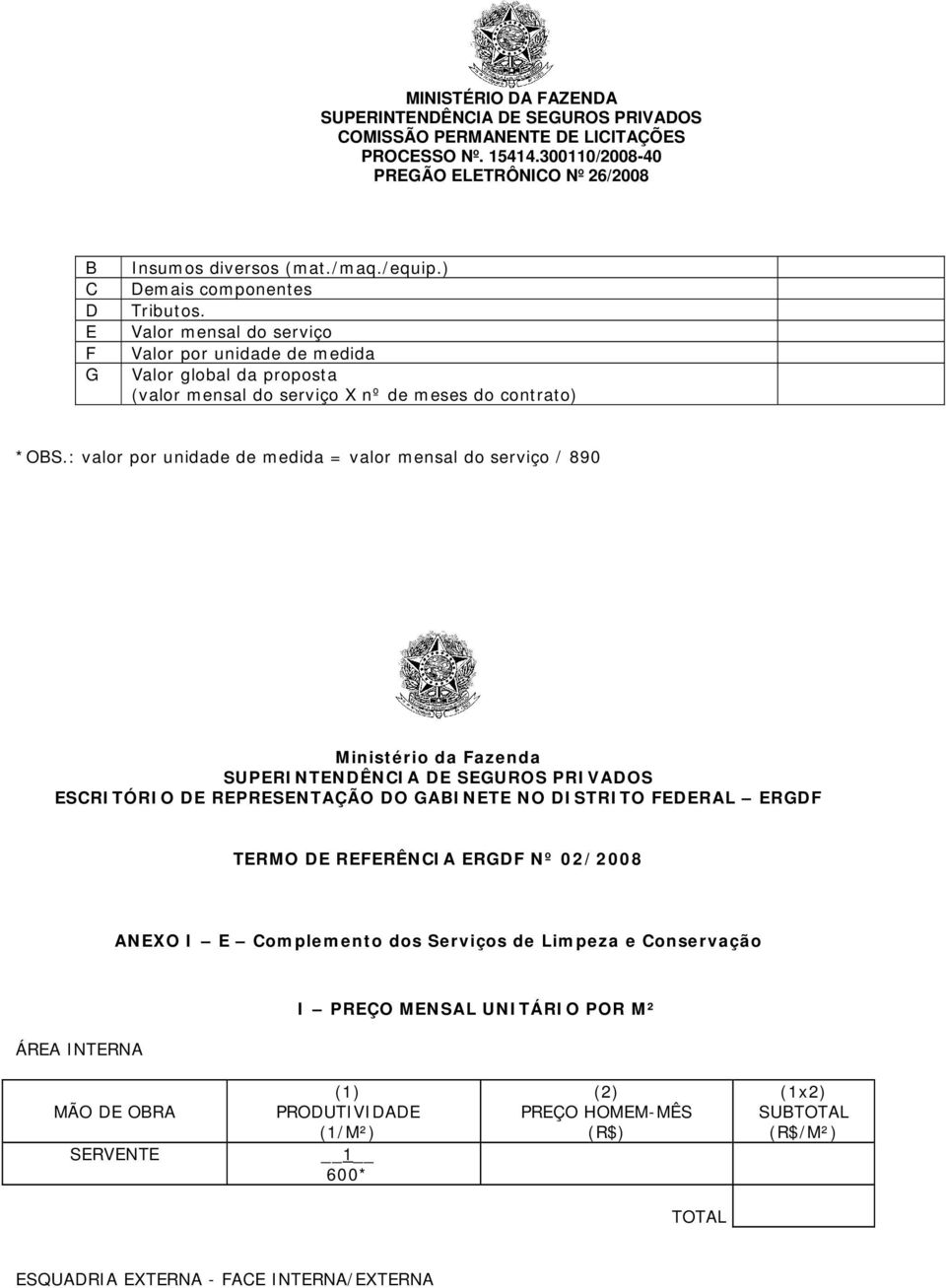 : valor por unidade de medida = valor mensal do serviço / 890 Ministério da Fazenda ESCRITÓRIO DE REPRESENTAÇÃO DO GABINETE NO DISTRITO FEDERAL ERGDF TERMO DE