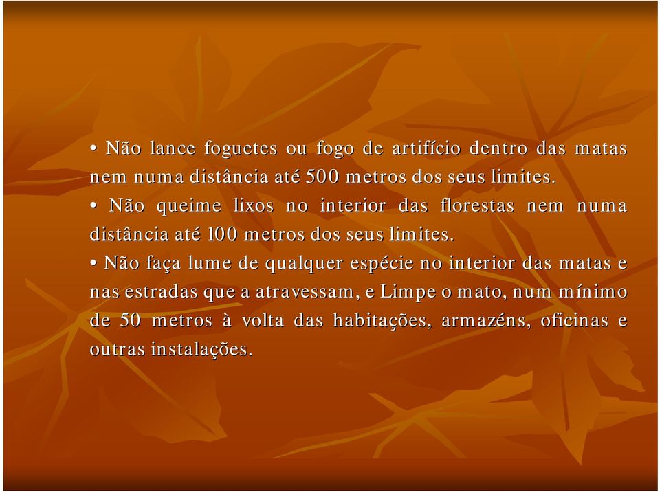 Não queime lixos no interior das florestas nem numa distância até 100 metros dos seus  Não faça a