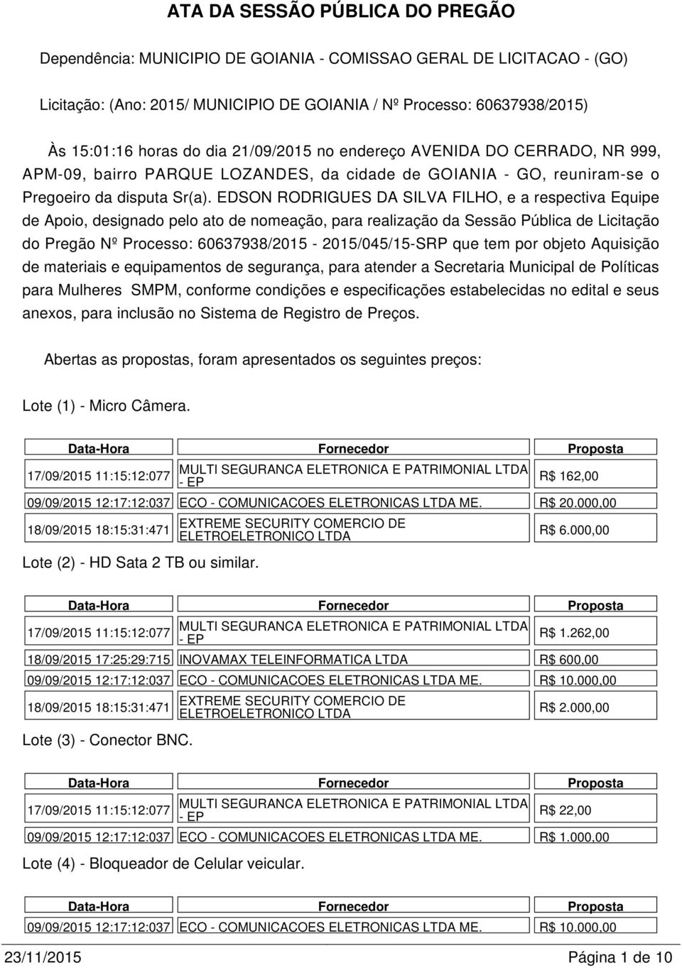 EDSON RODRIGUES DA SILVA FILHO, e a respectiva Equipe de Apoio, designado pelo ato de nomeação, para realização da Sessão Pública de Licitação do Pregão Nº Processo: 60637938/2015-2015/045/15-SRP que