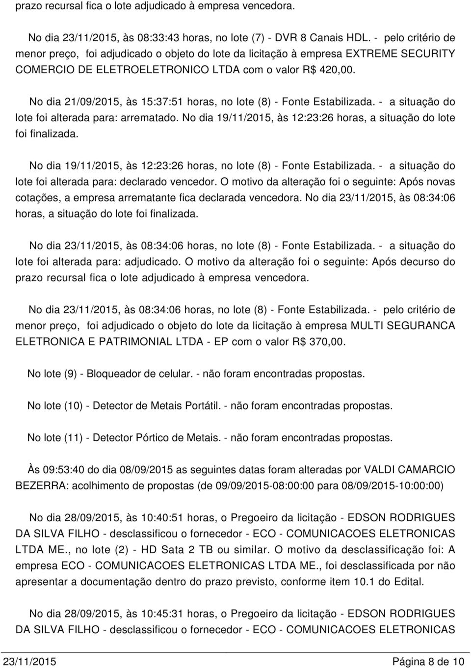 No dia 21/09/2015, às 15:37:51 horas, no lote (8) - Fonte Estabilizada. - a situação do lote foi alterada para: arrematado.