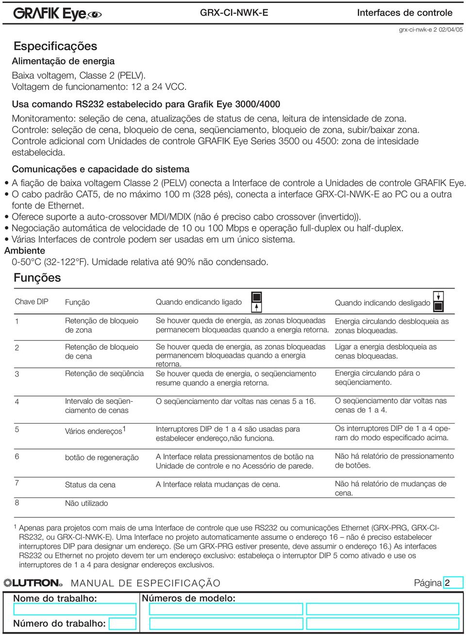 Controle: seleção de cena, bloqueio de cena, seqüenciamento, bloqueio de zona, subir/baixar zona.