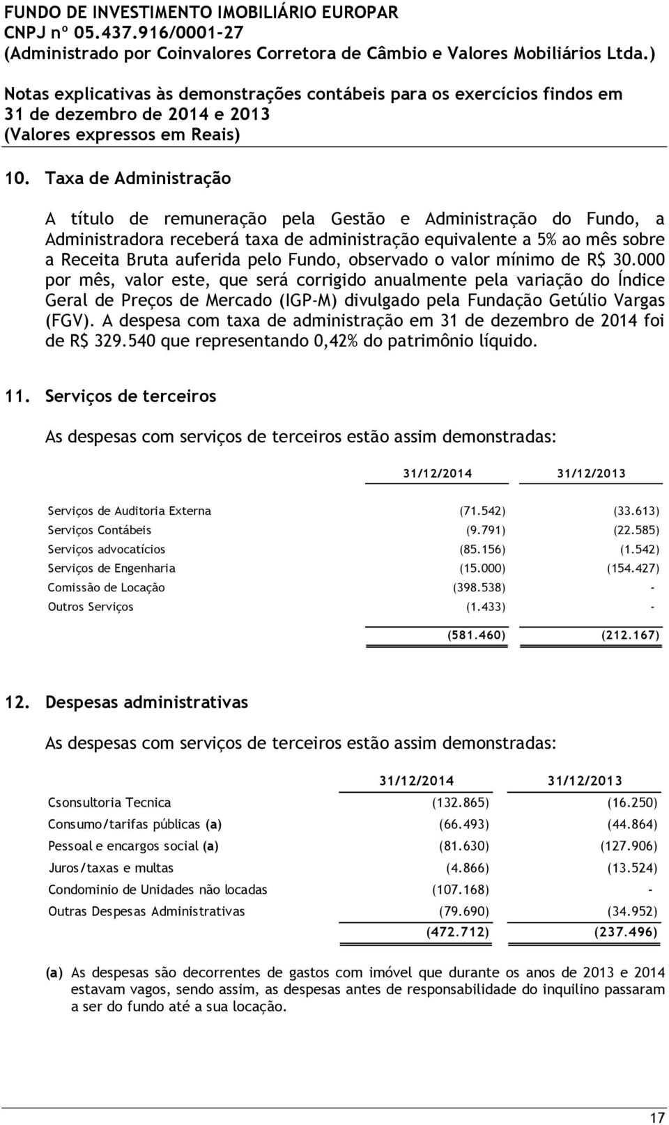 A despesa com taxa de administração em 31 de dezembro de 2014 foi de R$ 329.540 que representando 0,42% do patrimônio líquido. 11.