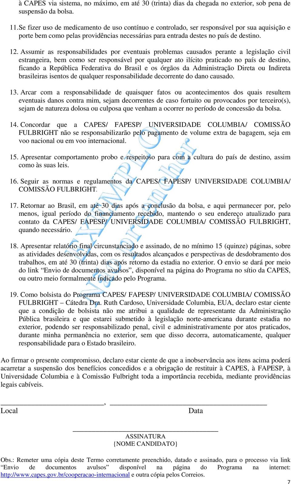 Assumir as responsabilidades por eventuais problemas causados perante a legislação civil estrangeira, bem como ser responsável por qualquer ato ilícito praticado no país de destino, ficando a