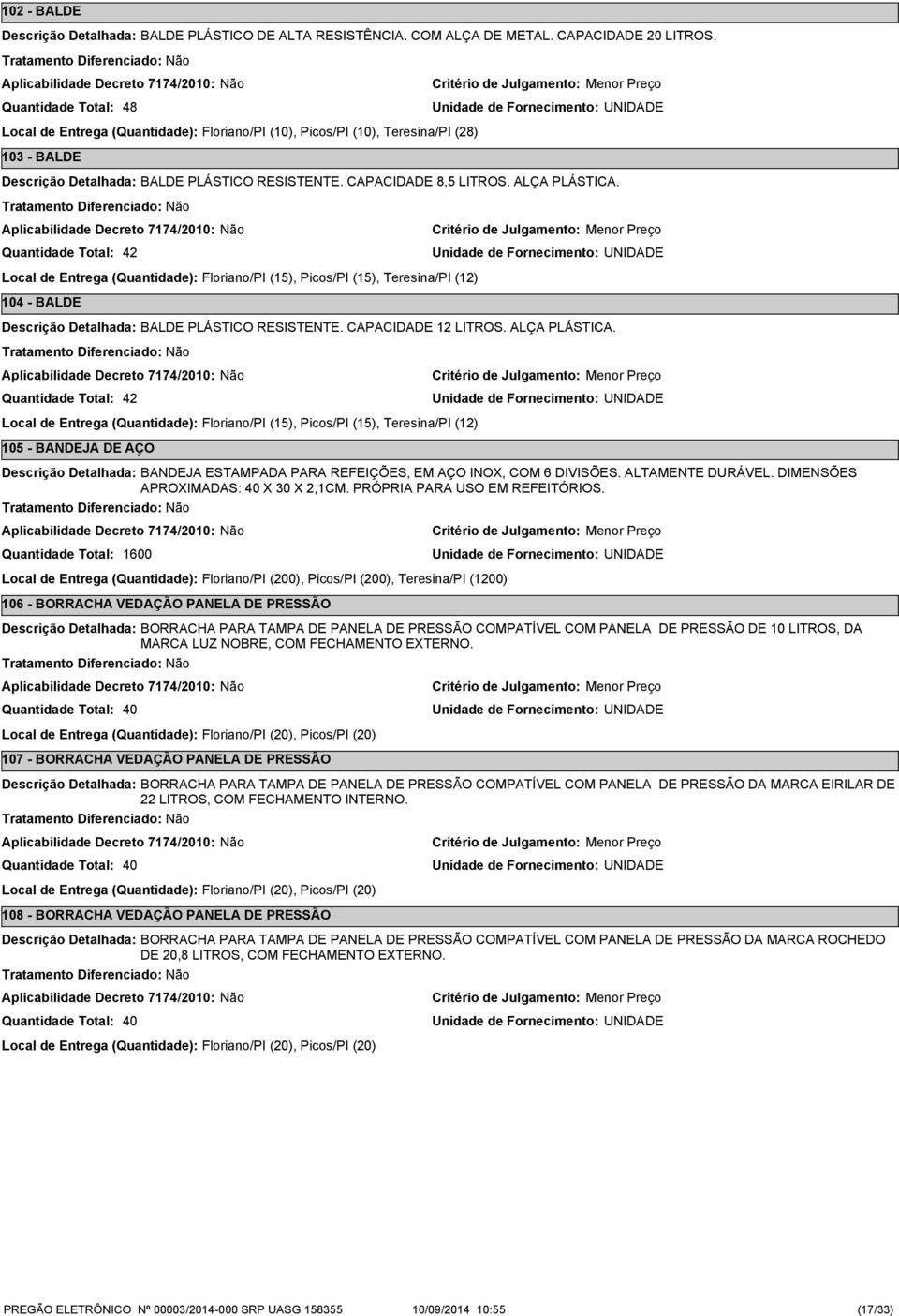 42 Local de Entrega (Quantidade): Floriano/PI (15), Picos/PI (15), Teresina/PI (12) 104 - BALDE BALDE PLÁSTICO RESISTENTE. CAPACIDADE 12 LITROS. ALÇA PLÁSTICA.