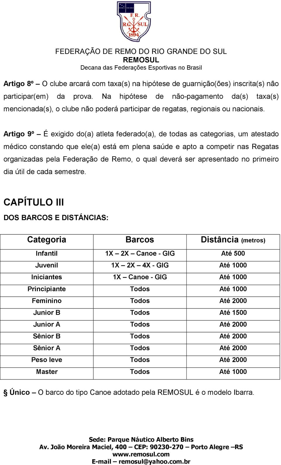 Artigo 9º É exigido do(a) atleta federado(a), de todas as categorias, um atestado médico constando que ele(a) está em plena saúde e apto a competir nas Regatas organizadas pela Federação de Remo, o