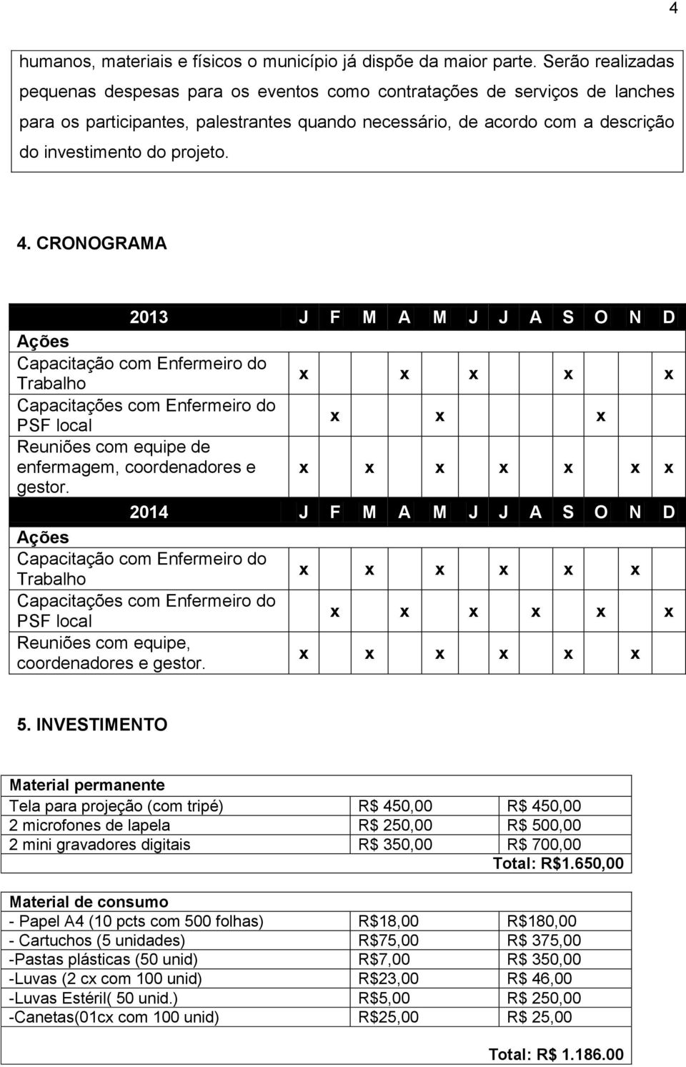 4. CRONOGRAMA 2013 J F M A M J J A S O N D Ações Capacitação com Enfermeiro do Trabalho x x x x x Capacitações com Enfermeiro do PSF local x x x Reuniões com equipe de enfermagem, coordenadores e x x