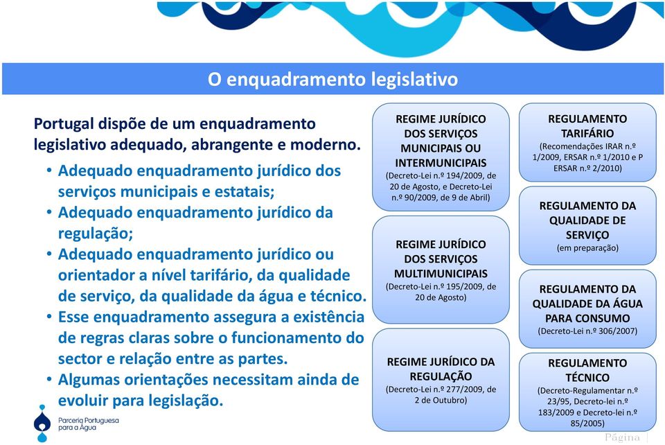 serviço, da qualidade da água e técnico. Esse enquadramento assegura a existência de regras claras sobre o funcionamento do sector e relação entre as partes.