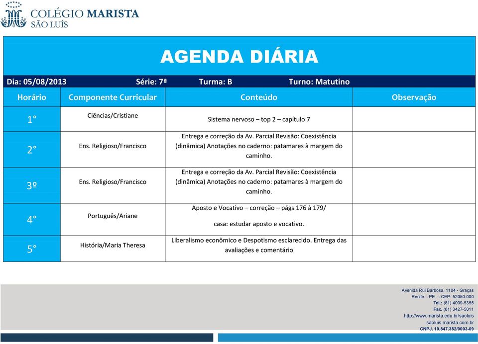 Parcial Revisão: Coexistência (dinâmica) Anotações no caderno: patamares à margem do caminho. Entrega e correção da Av.