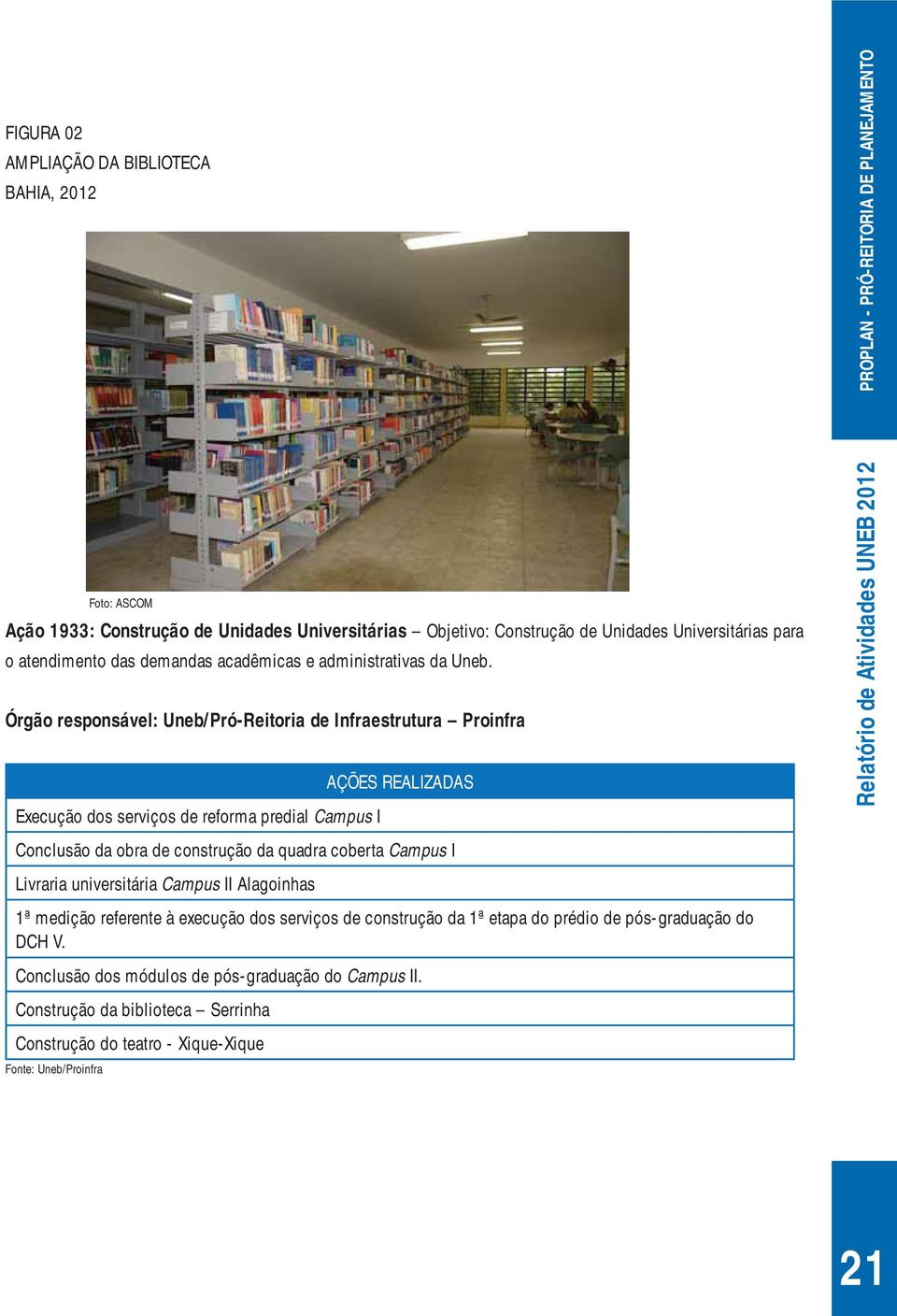 Órgão responsável: Uneb/Pró-Reitoria de Infraestrutura Proinfra AÇÕES REALIZADAS Execução dos serviços de reforma predial Campus I Conclusão da obra de construção da quadra