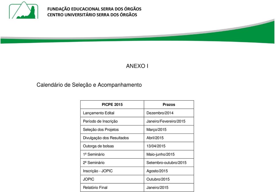 Janeiro/Fevereiro/2015 Março/2015 Abril/2015 Outorga de bolsas 13/04/2015 1ª Seminário