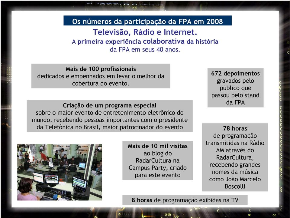 Criação de um programa especial sobre o maior evento de entretenimento eletrônico do mundo, recebendo pessoas importantes com o presidente da Telefônica no Brasil, maior patrocinador do