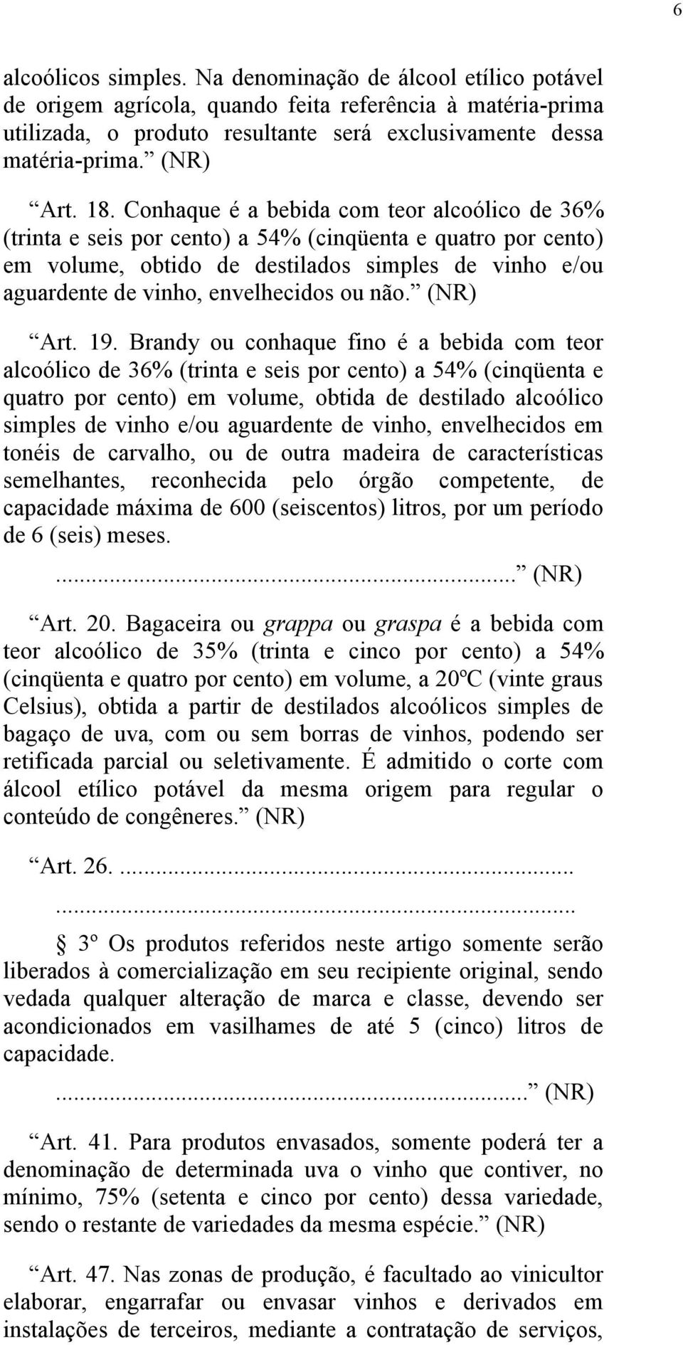 Conhaque é a bebida com teor alcoólico de 36% (trinta e seis por cento) a 54% (cinqüenta e quatro por cento) em volume, obtido de destilados simples de vinho e/ou aguardente de vinho, envelhecidos ou