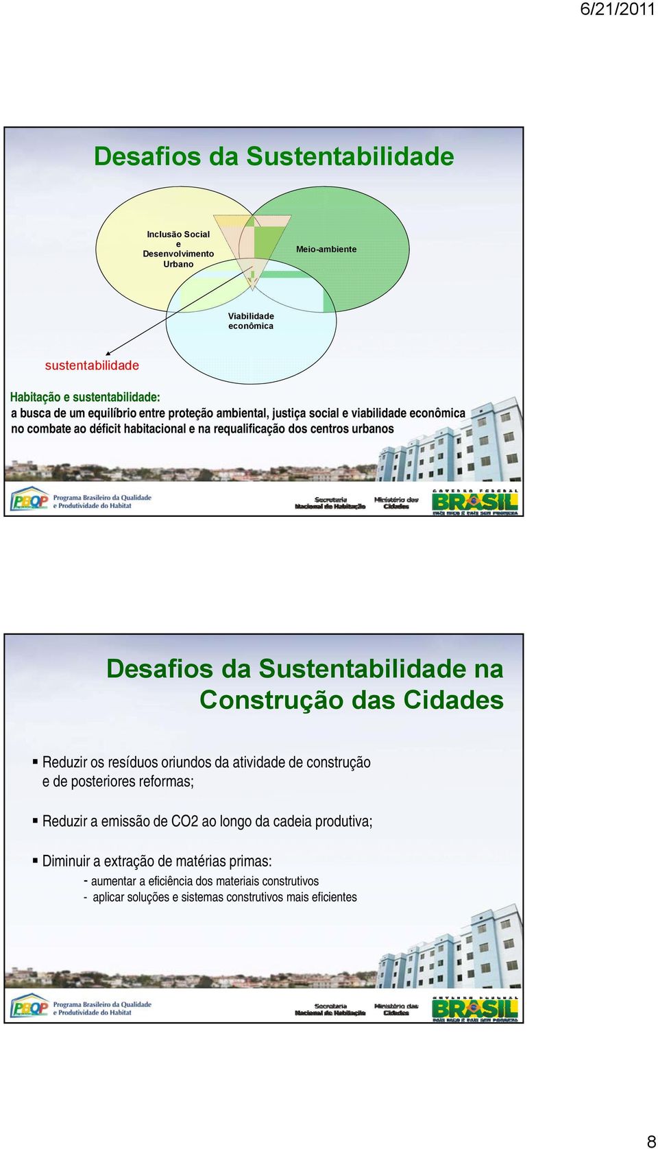 Sustentabilidade na Construção das Cidades Reduzir os resíduos oriundos da atividade de construção e de posteriores reformas; Reduzir a emissão de CO2 ao longo da