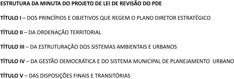 TÍTULO III DA ESTRUTURAÇÃO DOS SISTEMAS AMBIENTAIS E URBANOS TÍTULO IV DA GESTÃO