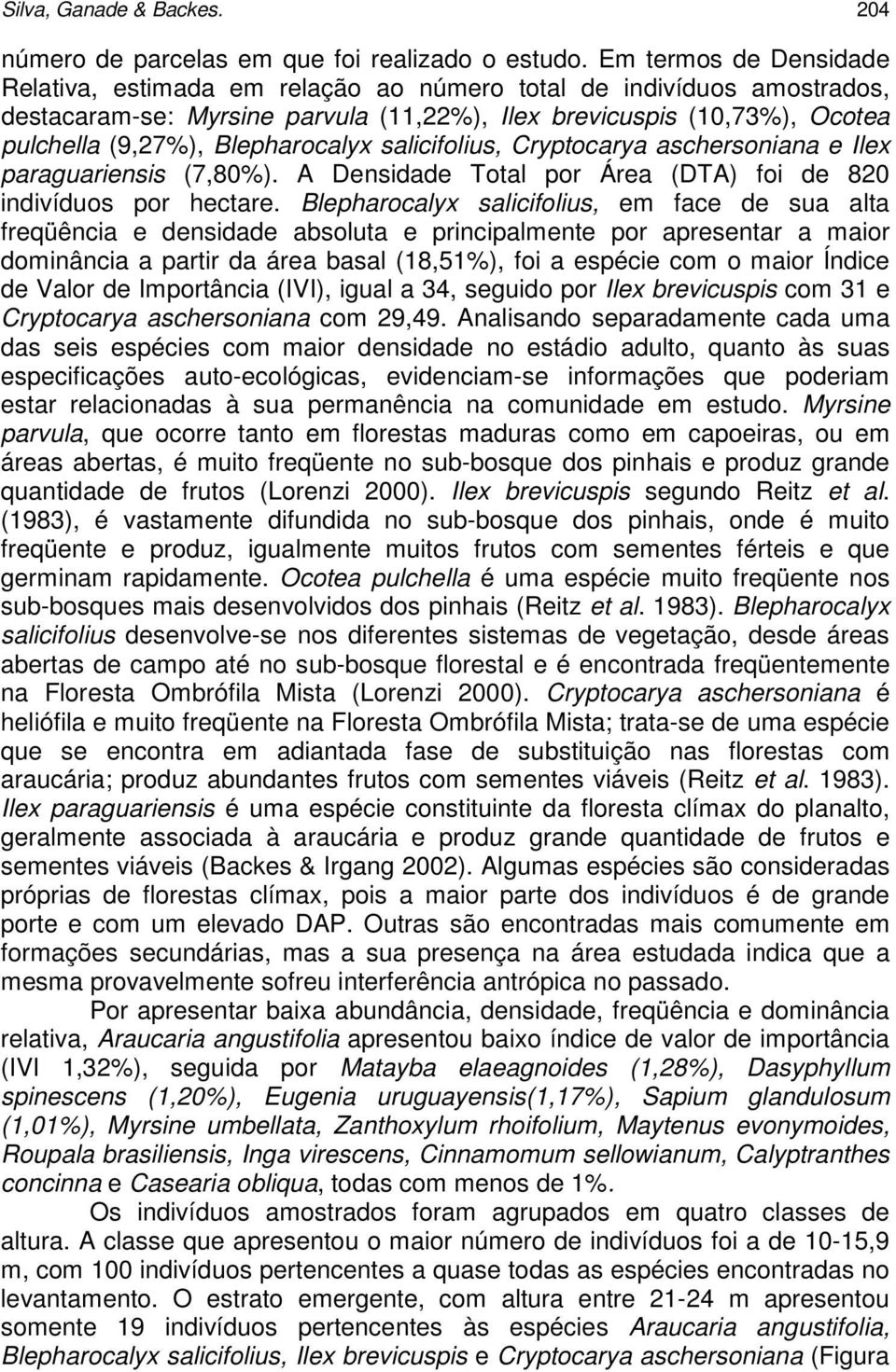 Blepharocalyx salicifolius, Cryptocarya aschersoniana e Ilex paraguariensis (7,80%). A Densidade Total por Área (DTA) foi de 820 indivíduos por hectare.