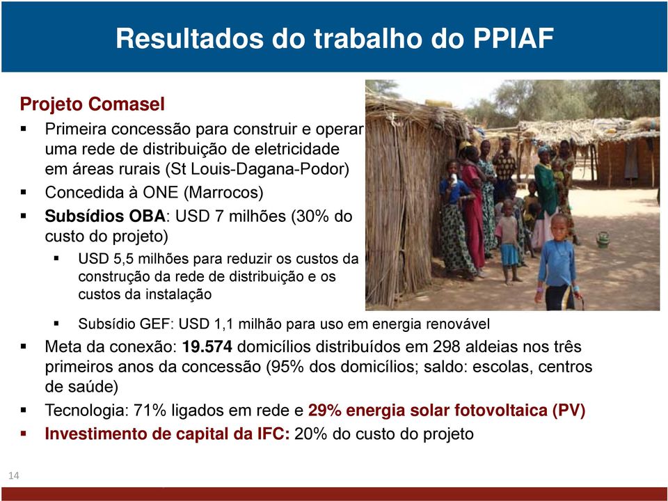 distribuição e os custos da instalação Subsídio GEF: USD 1,1 milhão para uso em energia renovável Meta da conexão: 19.