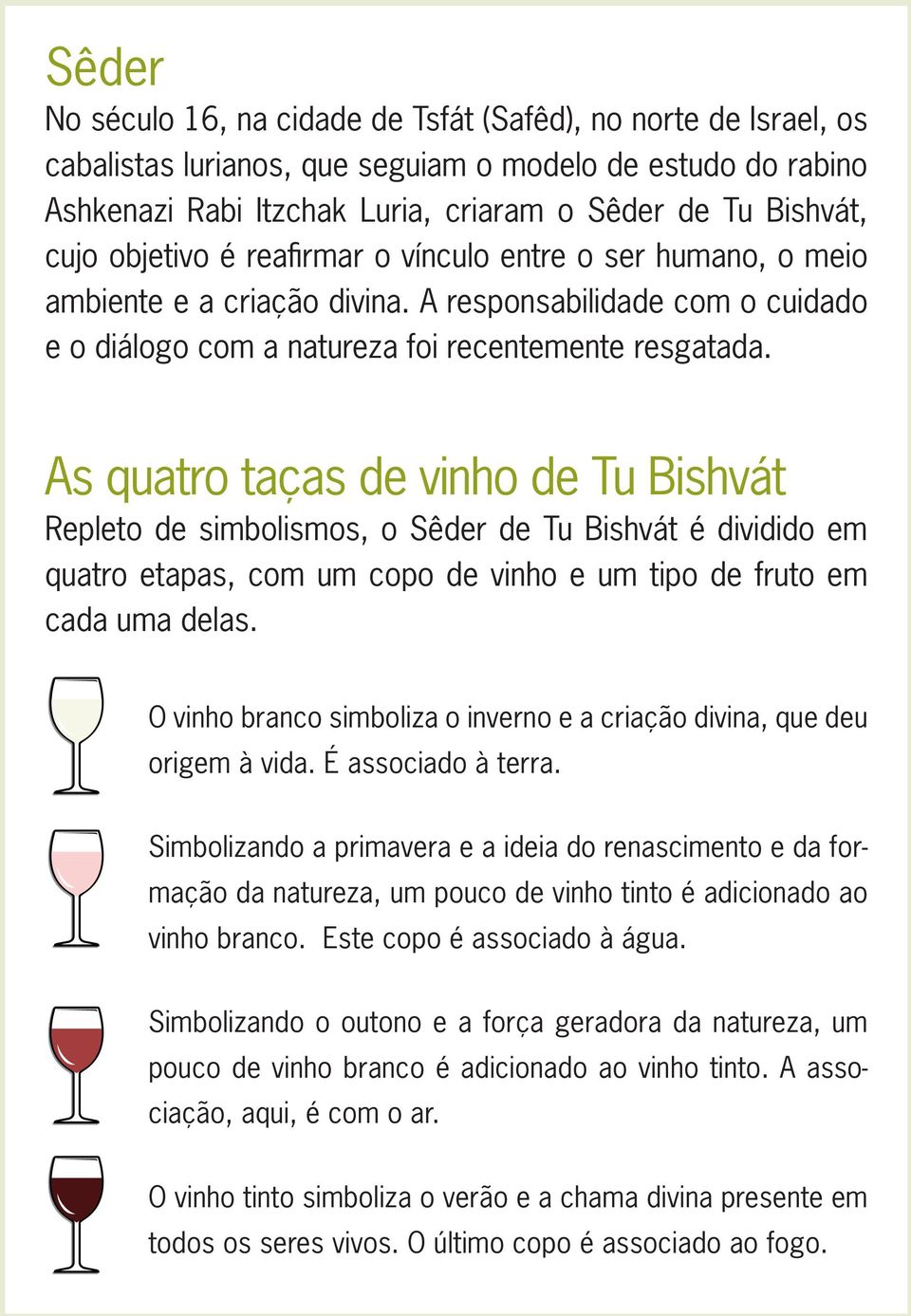 As quatro taças de vinho de Tu Bishvát Repleto de simbolismos, o Sêder de Tu Bishvát é dividido em quatro etapas, com um copo de vinho e um tipo de fruto em cada uma delas.