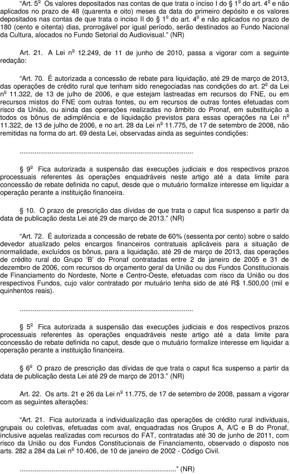 4 o e não aplicados no prazo de 180 (cento e oitenta) dias, prorrogável por igual período, serão destinados ao Fundo Nacional da Cultura, alocados no Fundo Setorial do Audiovisual. (NR) Art. 21.