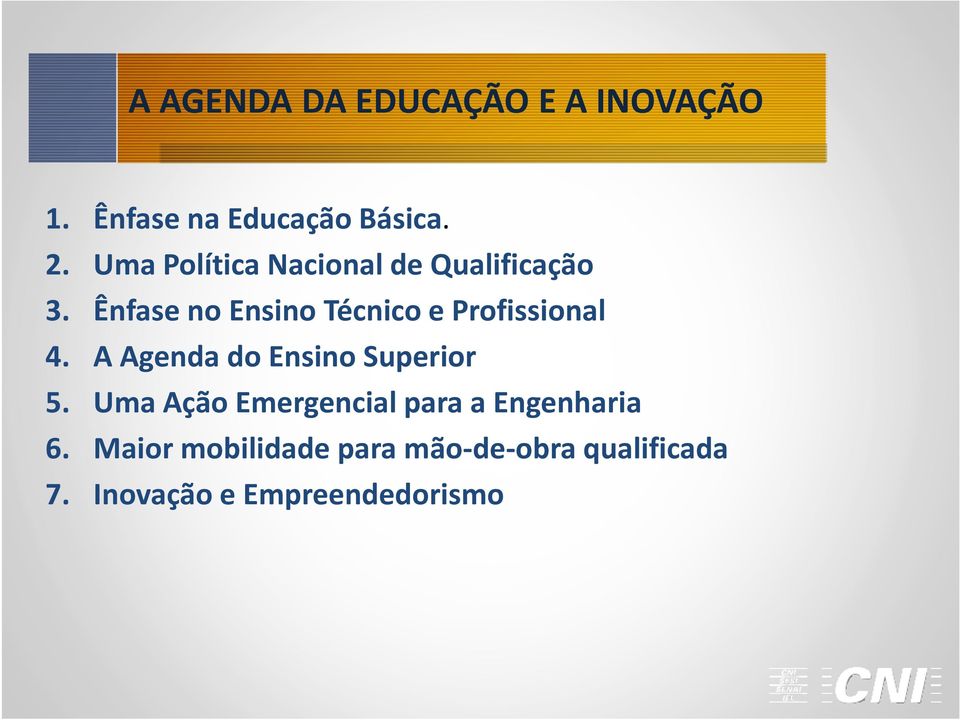 Ênfase no Ensino Técnico e Profissional 4. A Agenda do Ensino Superior 5.