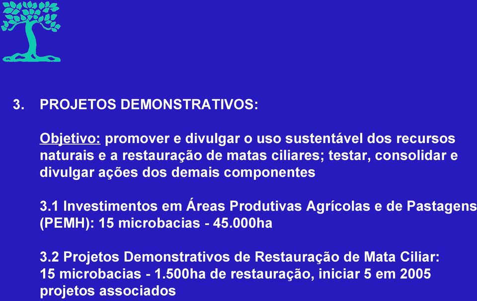 1 Investimentos em Áreas Produtivas Agrícolas e de Pastagens (PEMH): 15 microbacias - 45.000ha 3.