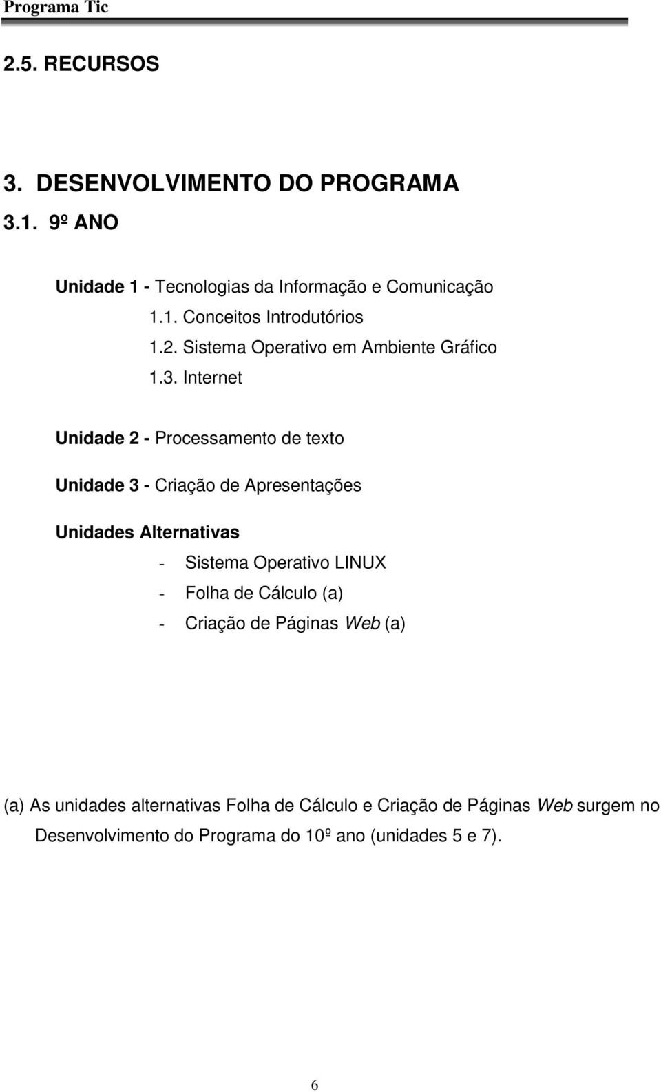 Internet Unidade 2 - Processamento de texto Unidade 3 - Criação de Apresentações Unidades Alternativas - Sistema Operativo