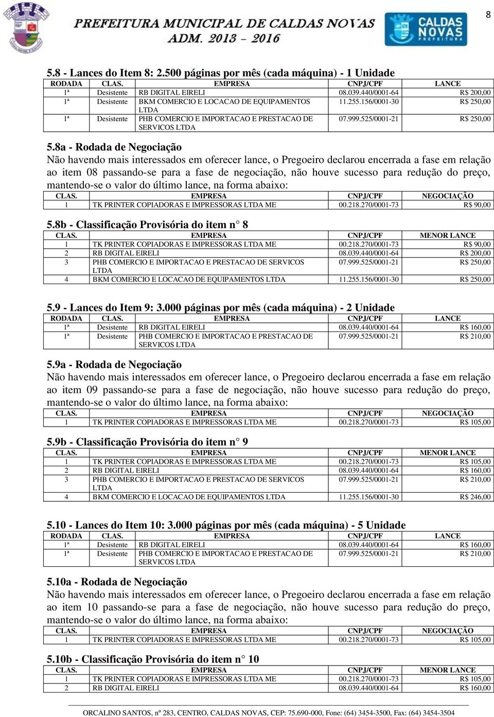 8a - Rodada de Negociação ao item 08 passando-se para a fase de negociação, não houve sucesso para redução do preço, 1 TK PRINTER IMPRESSORAS 00.218.270/0001-73 R$ 90,00 5.