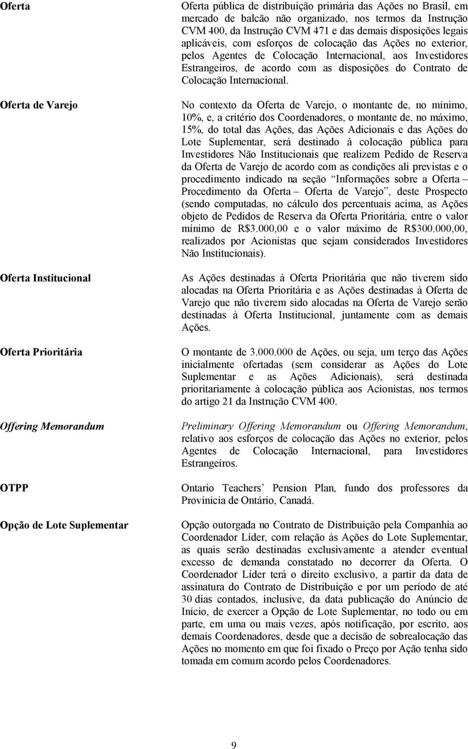 Internacional, aos Investidores Estrangeiros, de acordo com as disposições do Contrato de Colocação Internacional.