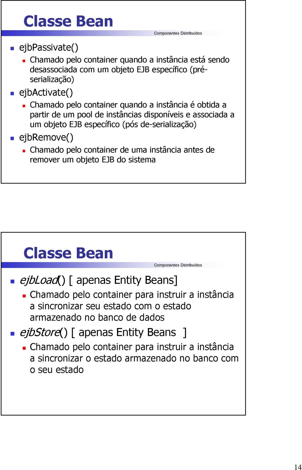 instância antes de remover um objeto EJB do sistema Classe Bean ejbload() [ apenas Entity Beans] Chamado pelo container para instruir a instância a sincronizar seu estado com o