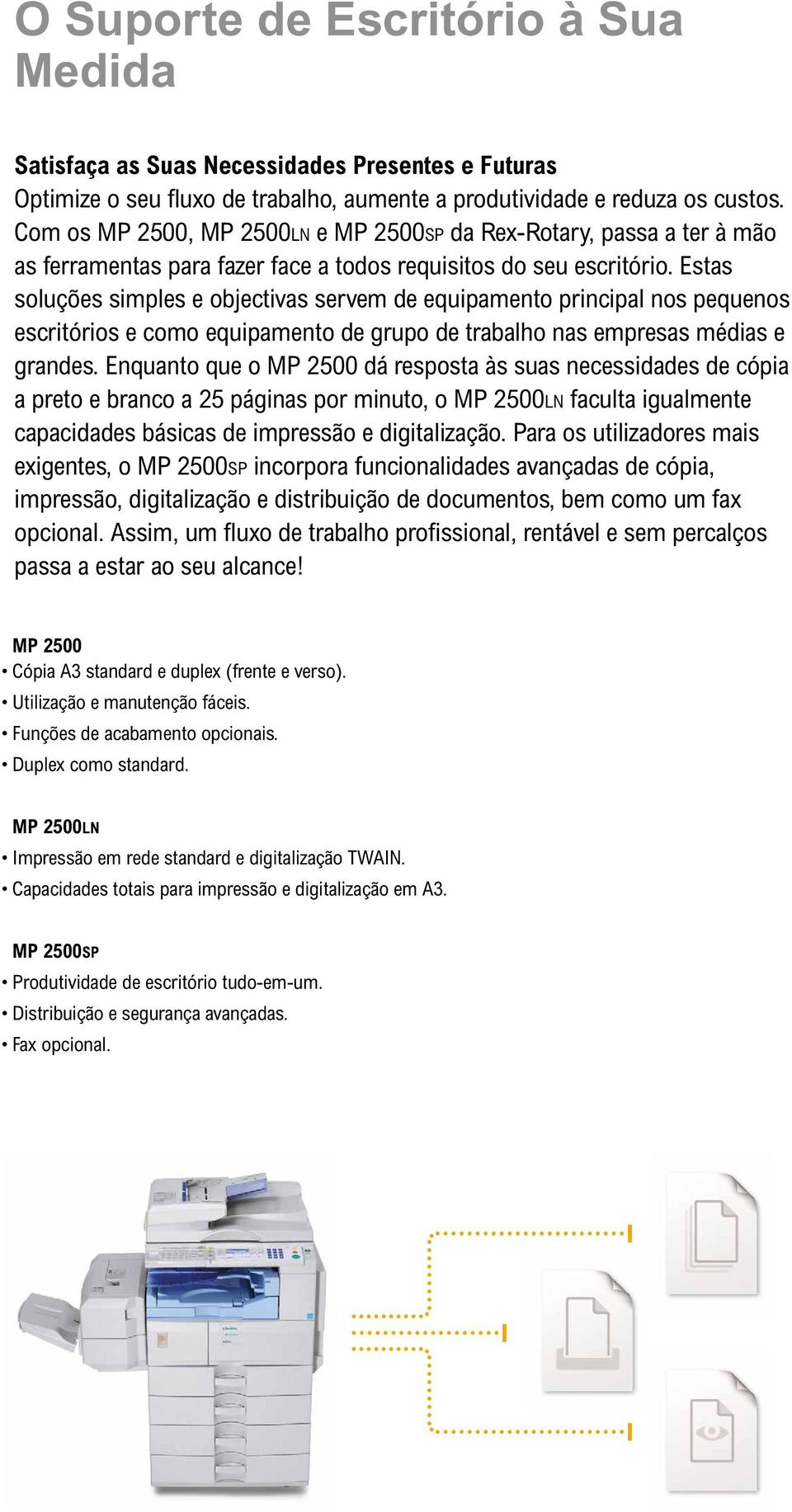 Estas soluções simples e objectivas servem de equipamento principal nos pequenos escritórios e como equipamento de grupo de trabalho nas empresas médias e grandes.