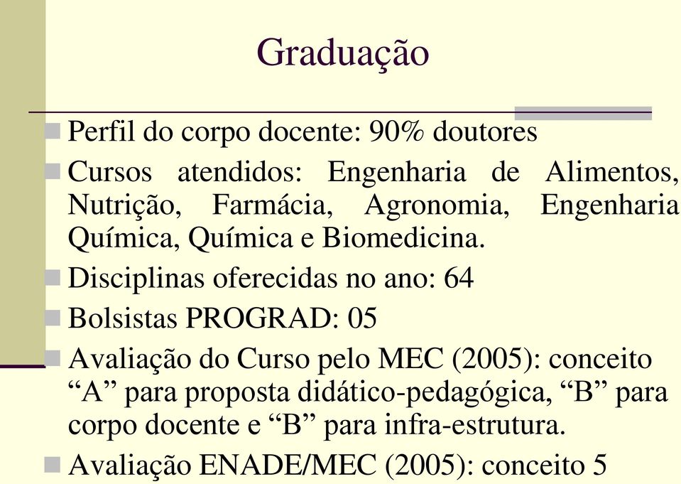 Disciplinas oferecidas no ano: 64 Bolsistas PROGRAD: 05 Avaliação do Curso pelo MEC (2005):