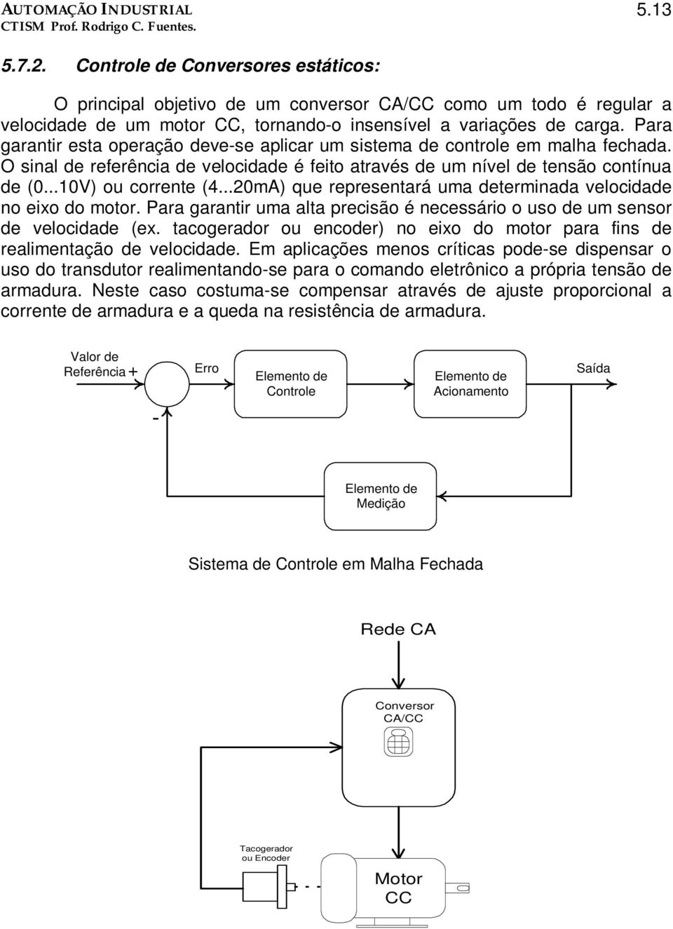 ..20mA) que representará uma determinada velocidade no eixo do motor. Para garantir uma alta precisão é necessário o uso de um sensor de velocidade (ex.