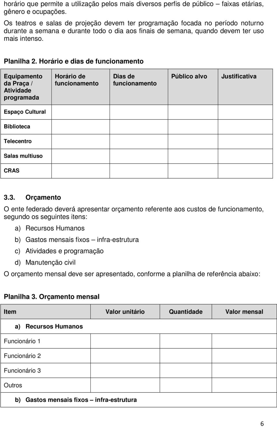 Horário e dias de funcionamento Equipamento da Praça / Atividade programada Horário de funcionamento Dias de funcionamento Público alvo Justificativa Espaço Cultural Biblioteca Telecentro Salas