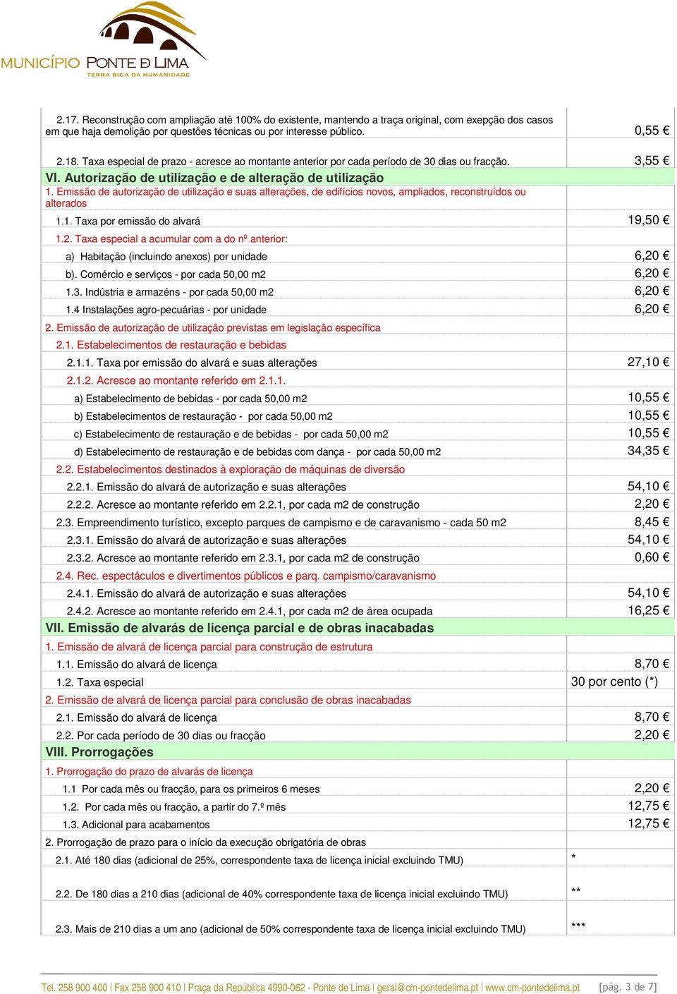 Emissão de autorização de utilização e suas alterações, de edifícios novos, ampliados, reconstruídos ou alterados 1.1. Taxa por emissão do alvará 19,50 1.2.