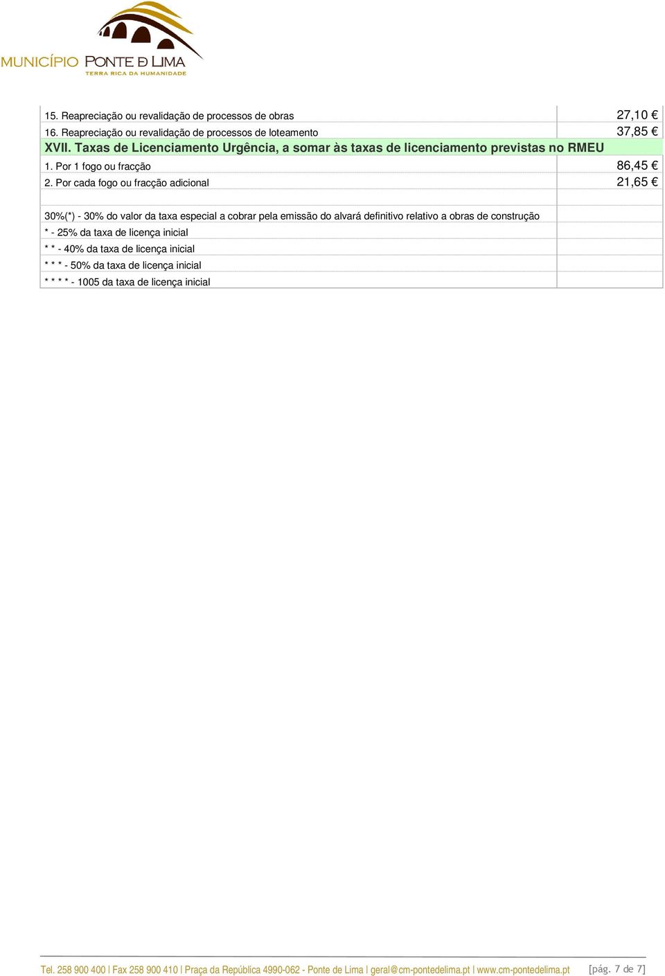 Por cada fogo ou fracção adicional 21,65 30%(*) - 30% do valor da taxa especial a cobrar pela emissão do alvará definitivo relativo a obras de construção * - 25% da taxa de