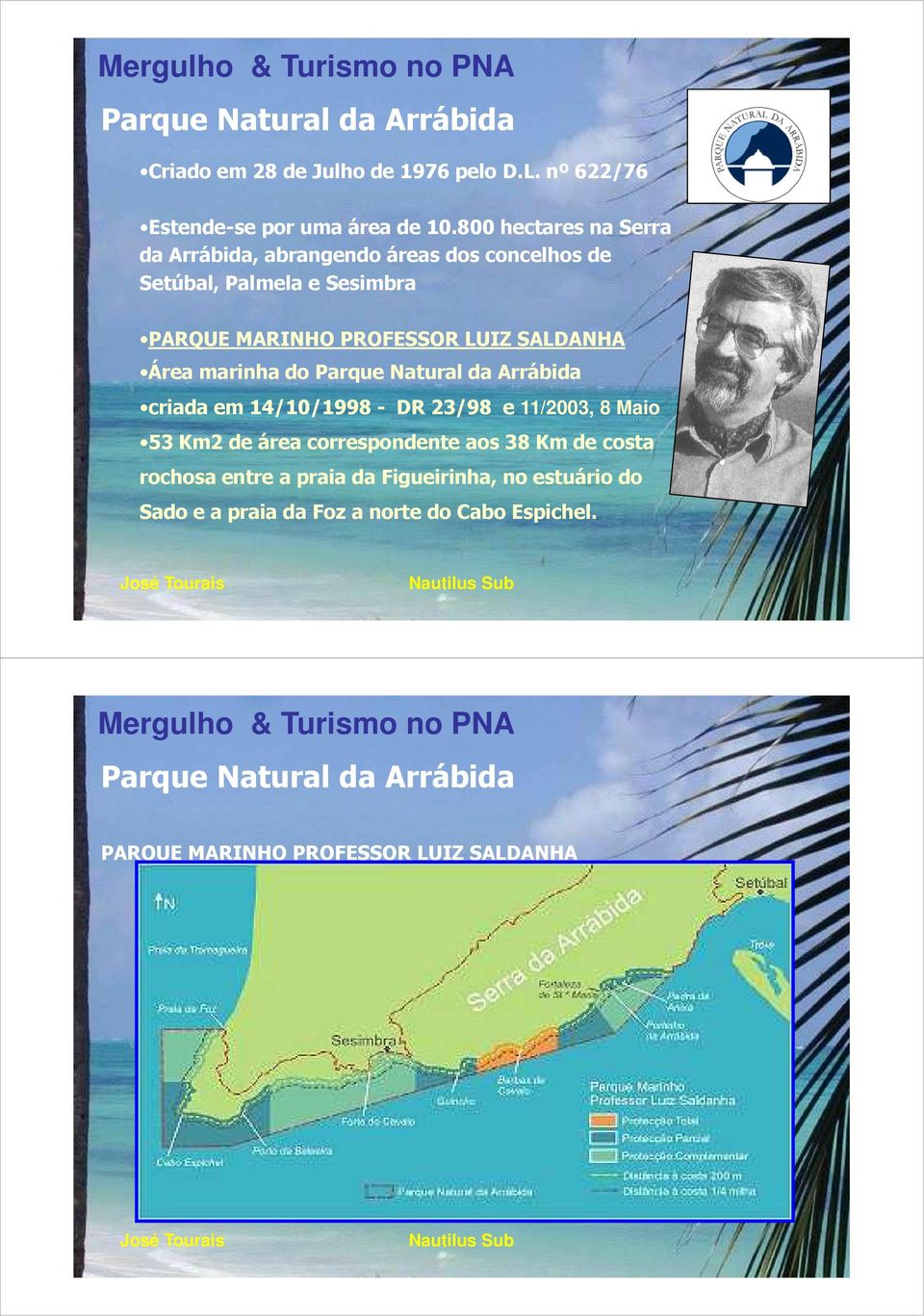 Área marinha do Parque Natural da Arrábida criada em 14/10/1998 - DR 23/98 e 11/2003, 8 Maio 53 Km2 de área correspondente aos 38 Km de